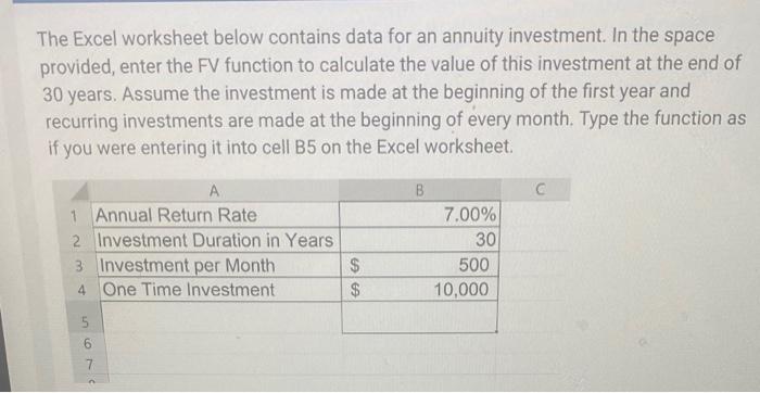 entered into an Excel worksheet: Rate of Return, cell B3, 5.5\% Investment