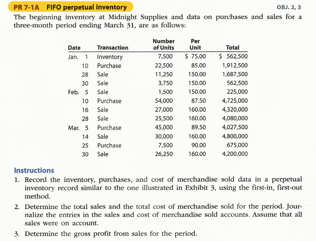 7-1A PR 7-1A FIFO perpetual inventory OBJ. 2, 3 The beginning inventory
