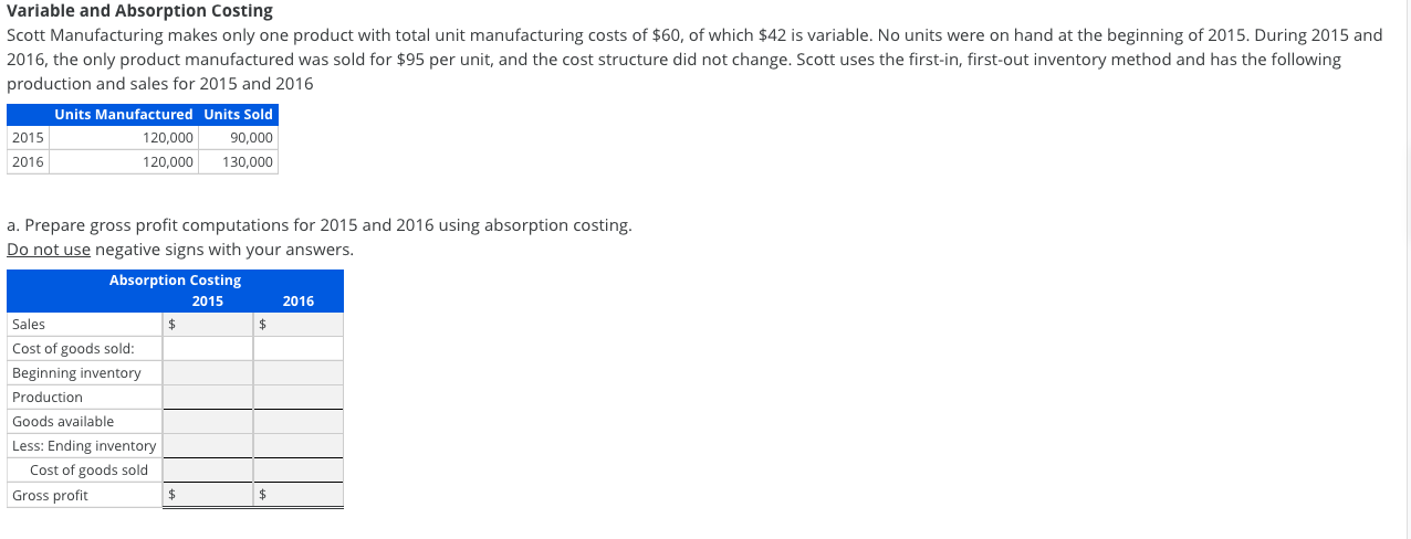Please clearly state the answers Variable and Absorption Costing Scott Manufacturing makes