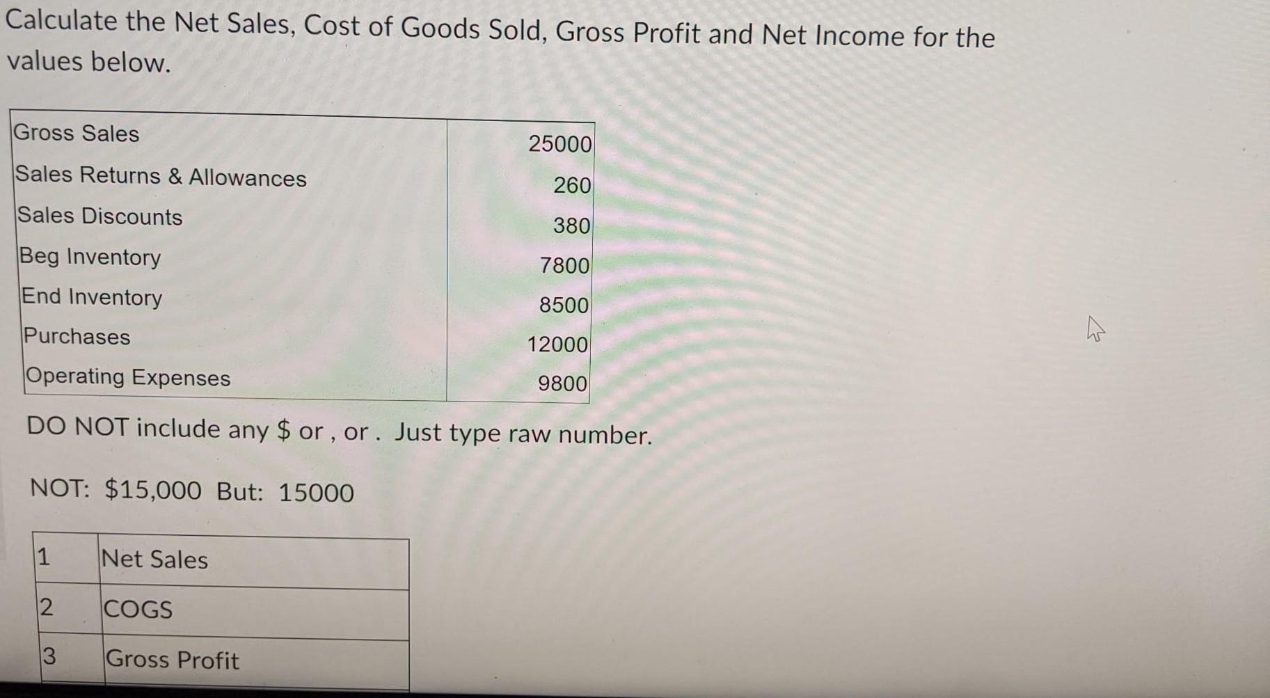 or. Just type raw number. NOT: $15,000 But: 15000 1 Net Sales