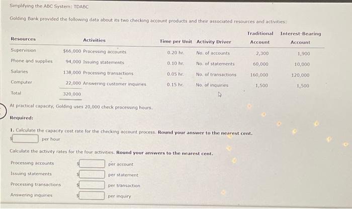 please help !! Simplifying the ABC System: TDABC Golding Bank provided the