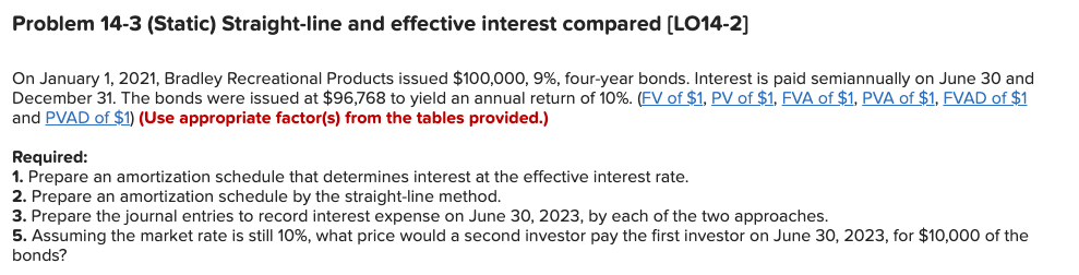  Problem 14-3 (Static) Straight-line and effective interest compared [LO14-2] On January