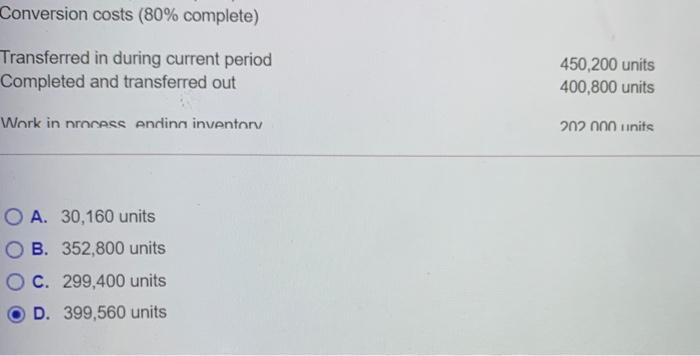 units Transferred - in costs (100% complete) Direct materials (0% complete) Conversion