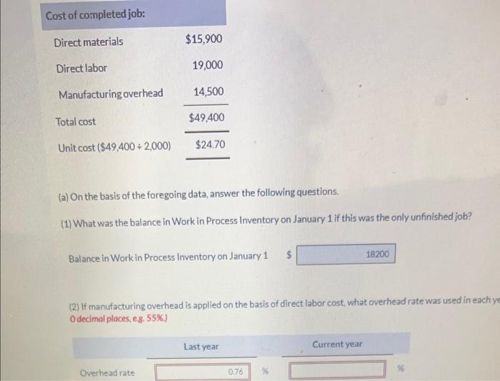 order cost sheet for Ryan Company is shown below. (a) On the
