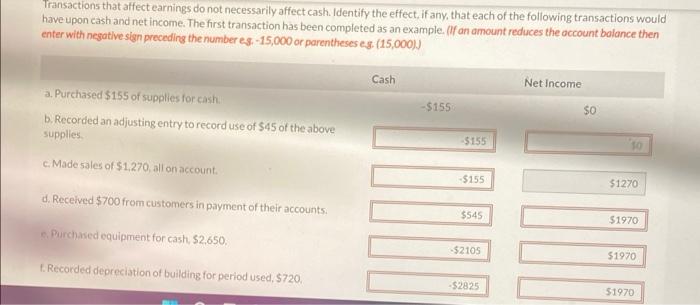 please help Transactions that affect earnings do not necessarily affect cash. Identify