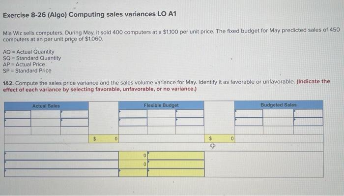 answers only please :) Exercise 8-26 (Algo) Computing sales variances LO A1