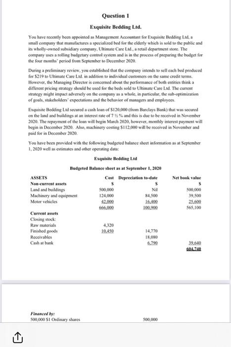 Exquisite Bedding Ltd. You have recently been appointed as Management Accountant for