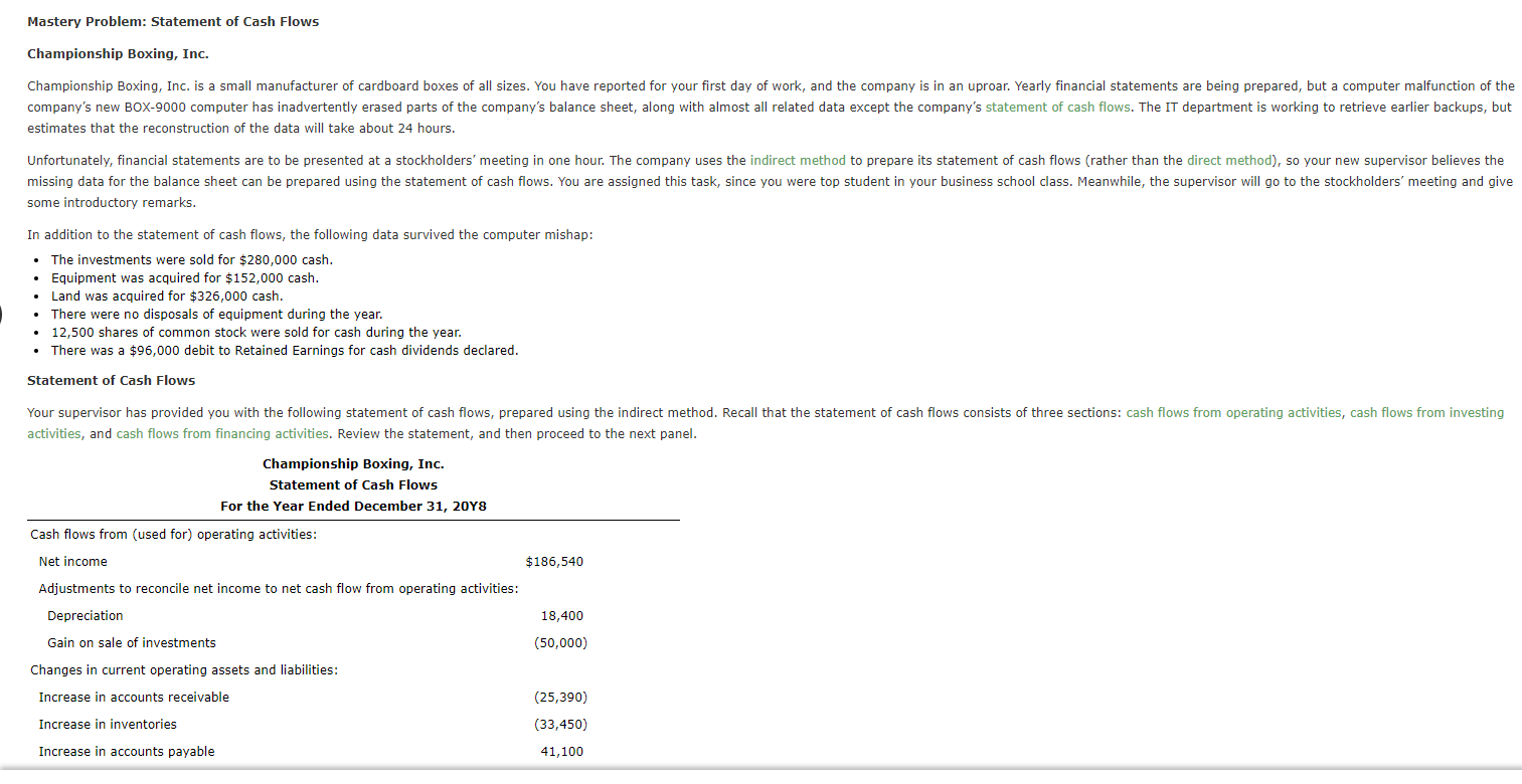 Statement of Cash Flows - Indirect Method Mastery Problem: Statement of Cash