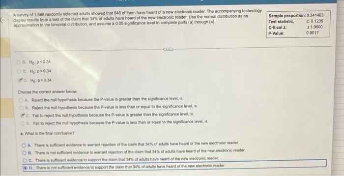what would problem e be? 8. H0:p0.34 D. M6:p=0.34 Choose the correct