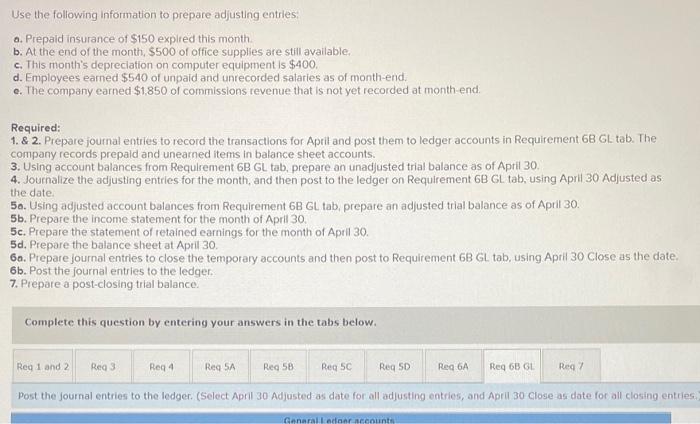 Journal entries to the ledger (Select April 30 Adjusted as date for