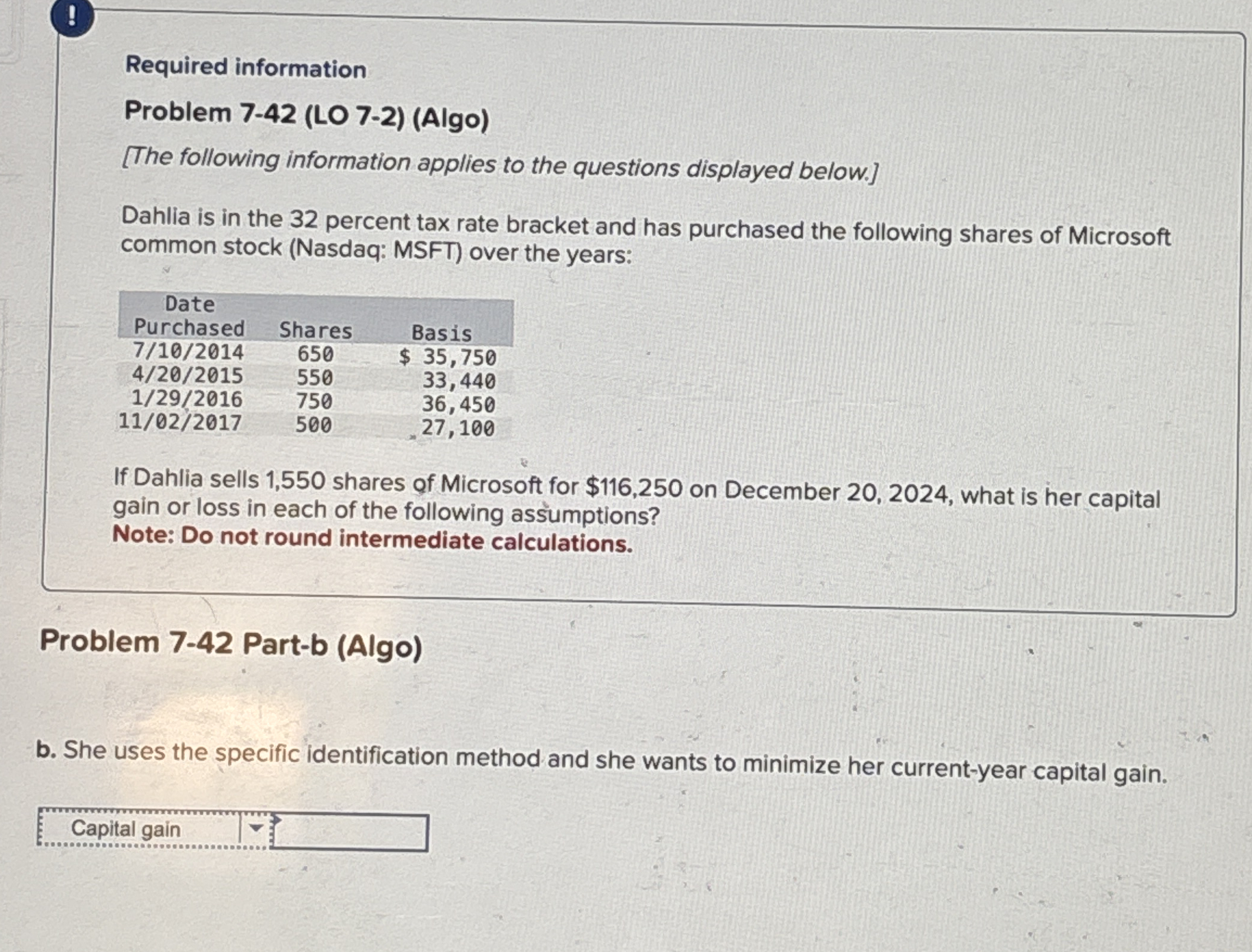  Required information Problem 7-42(LO 7-2)(Algo) [The following information applies to the