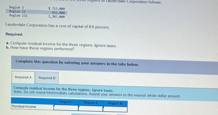 (LO 14-3) Lauderdale Corporation is organized in three geographical divisions (regions) with