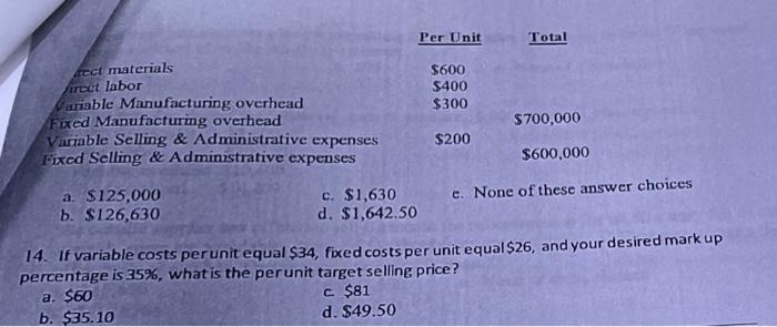 14 Per Unit Total Aect materials $600 irect labor $400 Variable Manufacturing