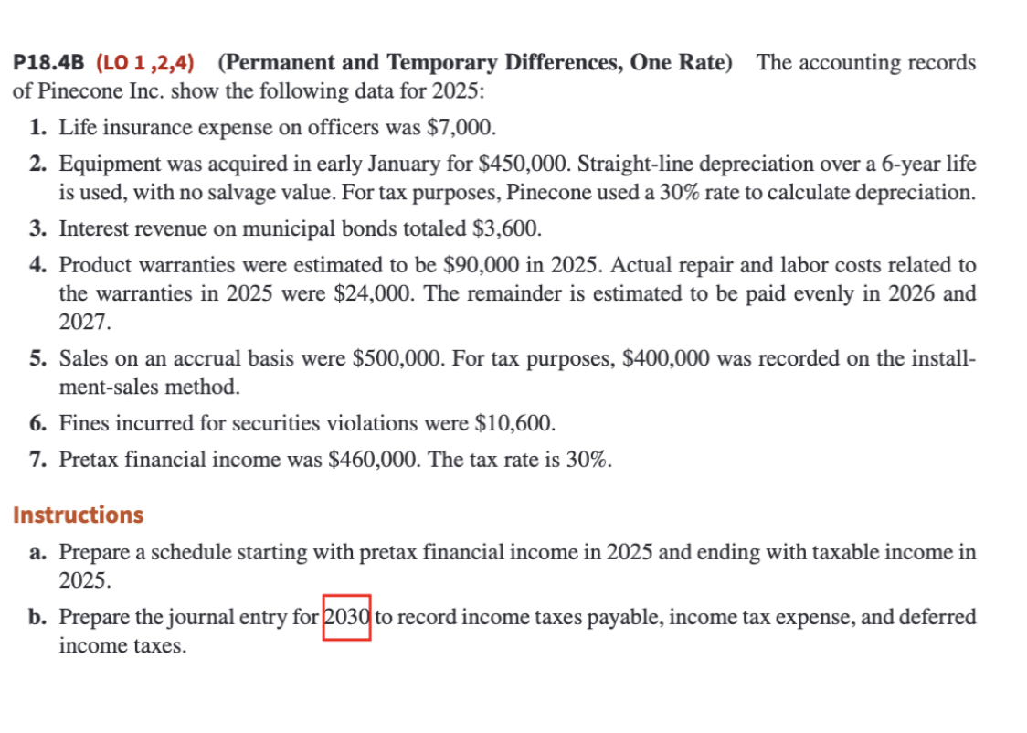  P18.4B (LO 1,2,4)(Permanent and Temporary Differences, One Rate) The accounting records
