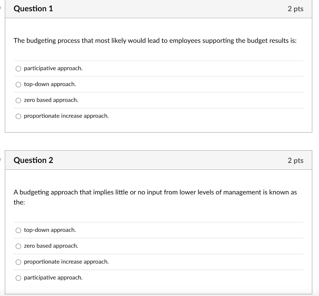PLEASE HELP ASAP, NO EXPLANATION NEEDED: Question 1 2 pts The budgeting