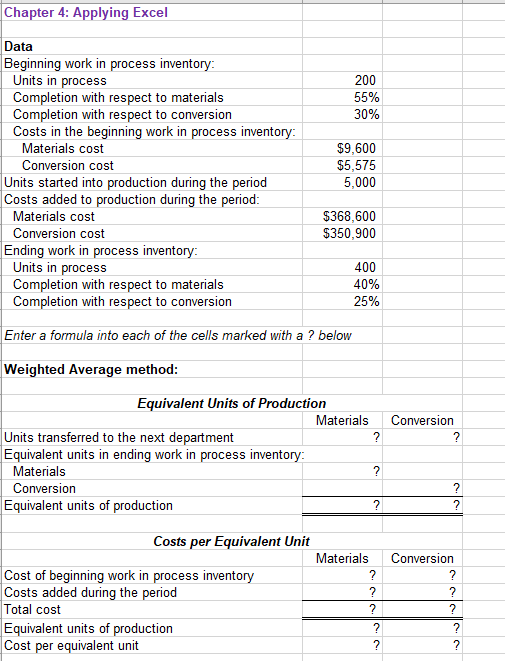 "=B39" Required information Chapter 4: Applying Excel The Chapter 4 Form worksheet