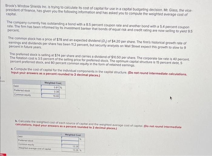 please answer part a and b Brook's Window Shields Inc. is trying