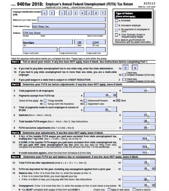 Given the following data, complete Form 940 for Get'r Done, Inc., for