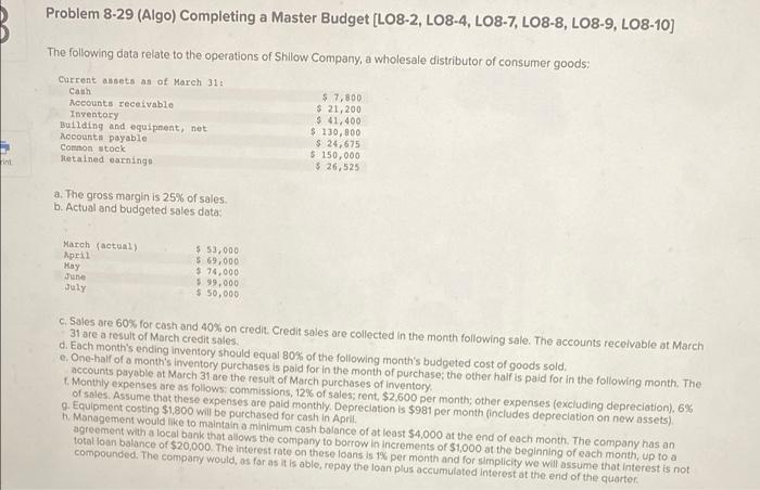 please solve will upvote int Problem 8-29 (Algo) Completing a Master Budget
