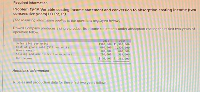 I will give thumbs up Required information Problem 19-1A Variable costing income