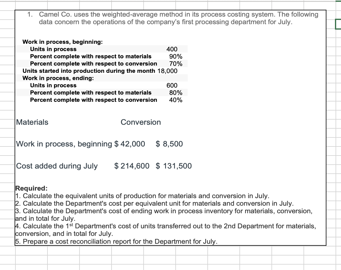  Camel Co. uses the weighted-average method in its process costing system.