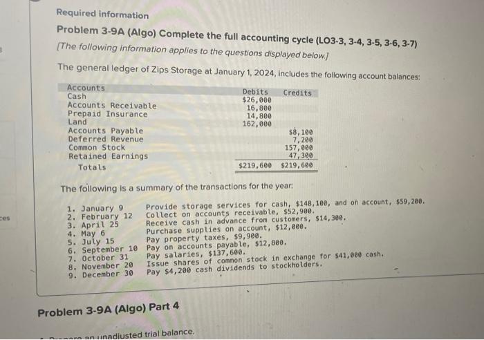 question ces Required information Problem 3-9A (Algo) Complete the full accounting cycle