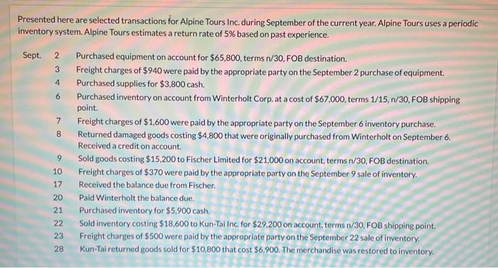  need answer ASAP Presented here are selected transactions for Alpine Tours