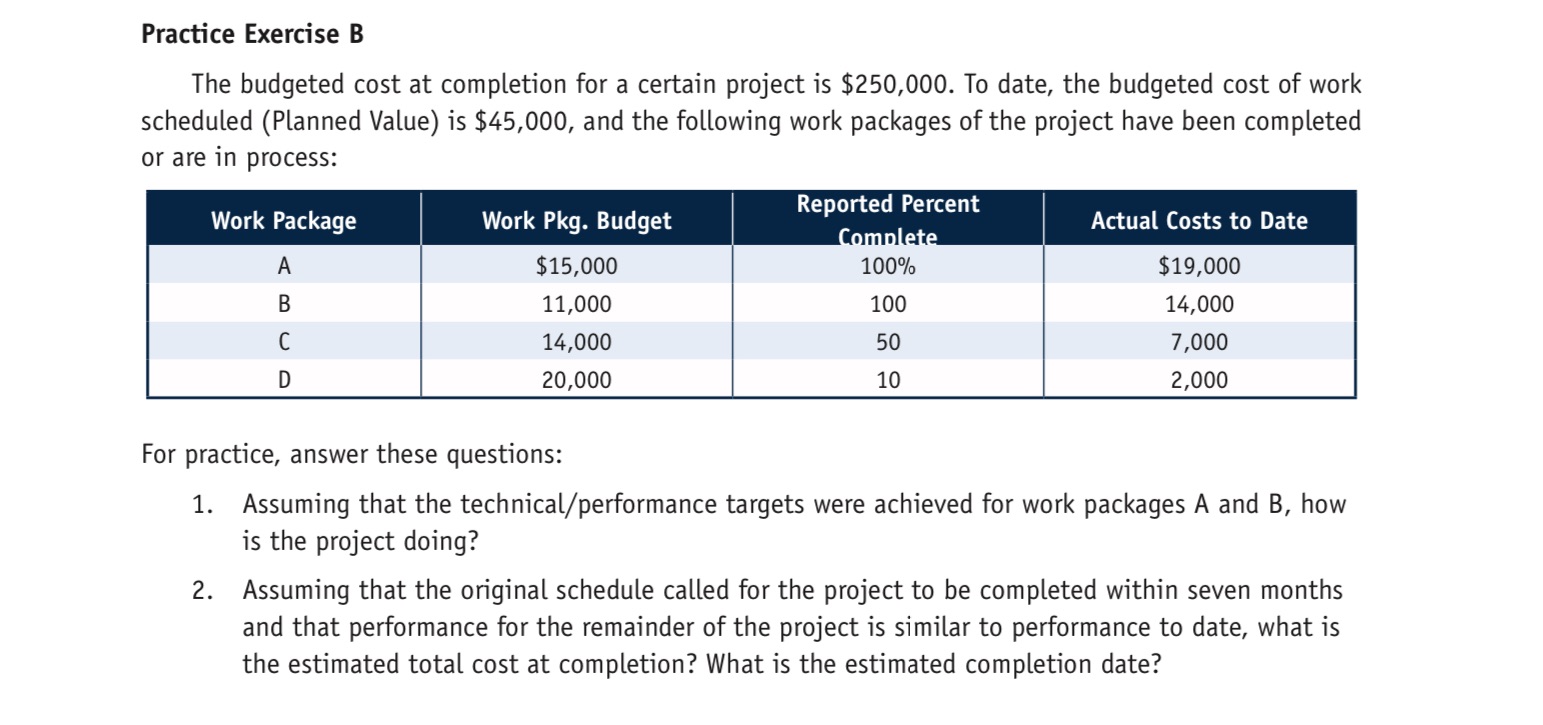  Practice Exercise B The budgeted cost at completion for a certain