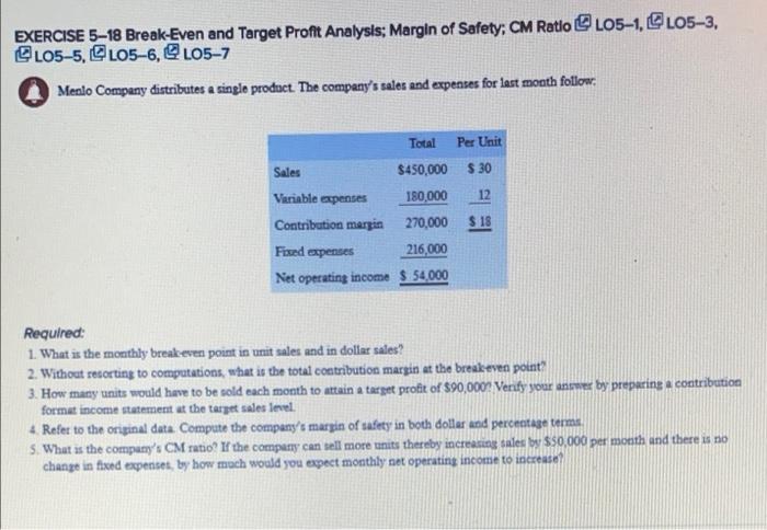please help. EXERCISE 518 Break-Even and Target Profit Analysis; Margin of Safety;