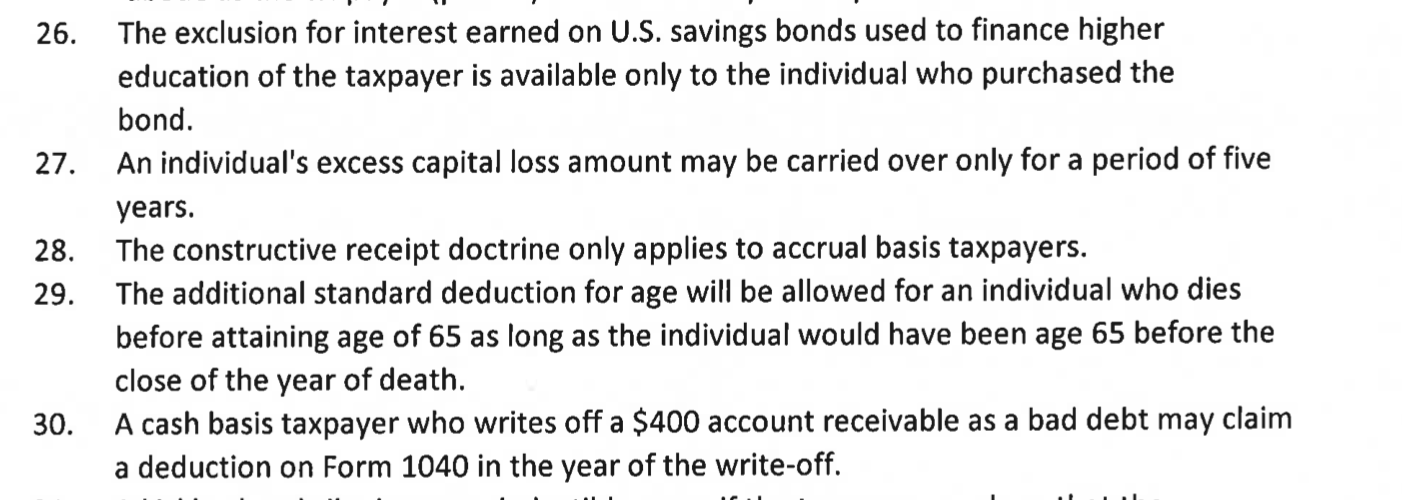 True and False questions Please answer all questions 26. The exclusion for