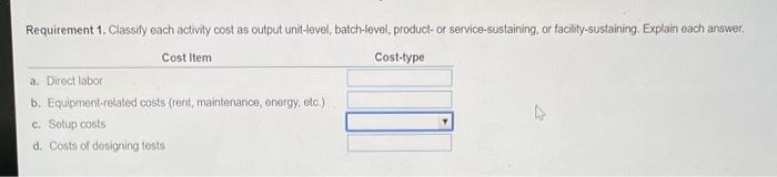 help Requirement 1. Classify each activity cost as output unit-level, batch-level, product-