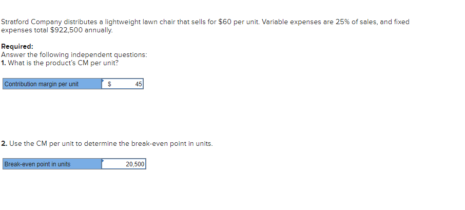 The table with the filed in options for the dropdowns. Stratford