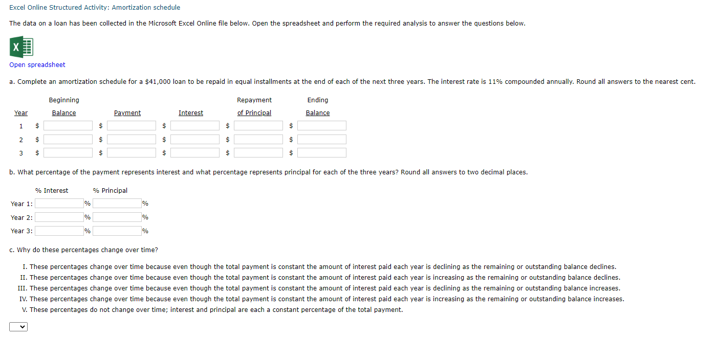 Excel Online Structured Activity: Amortization schedule The data on a loan