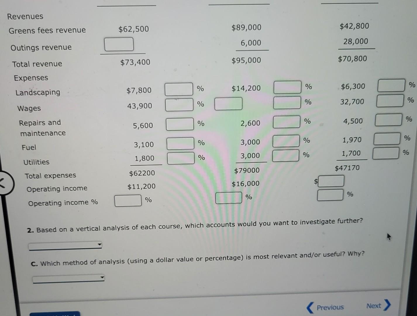 BLUFF RUN GOLF COURSES A. Calculate the operating income percentage for each