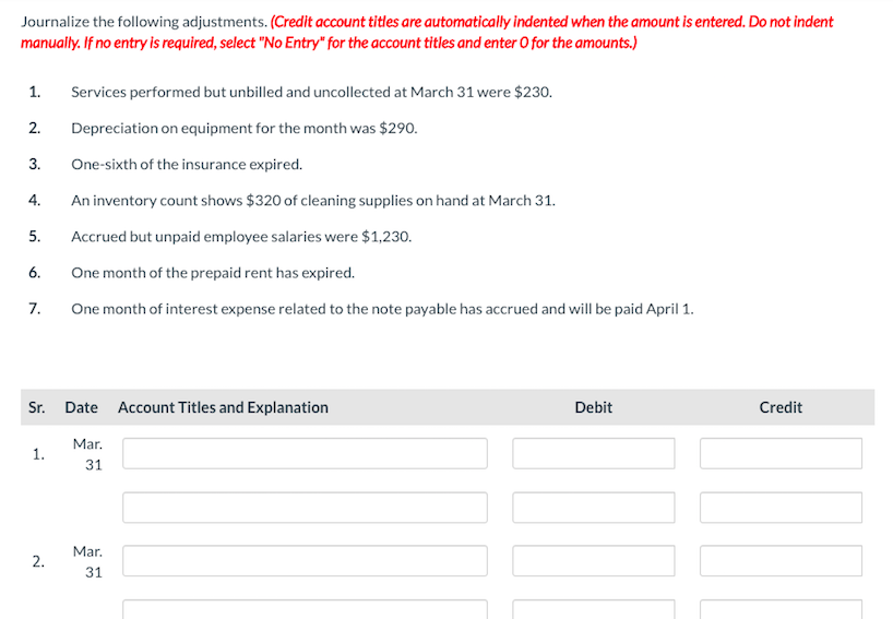 1, 2022. During March, the following transactions were completed. Mar. 1 Owner