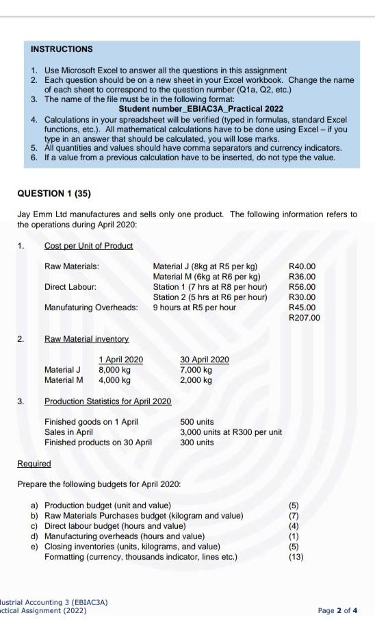 Use Excel and show formulas INSTRUCTIONS 1. Use Microsoft Excel to
