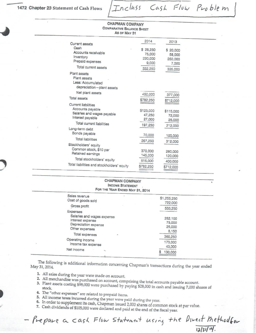  Please complete the following cash flow problem. 1472 Chapter 23 Statement
