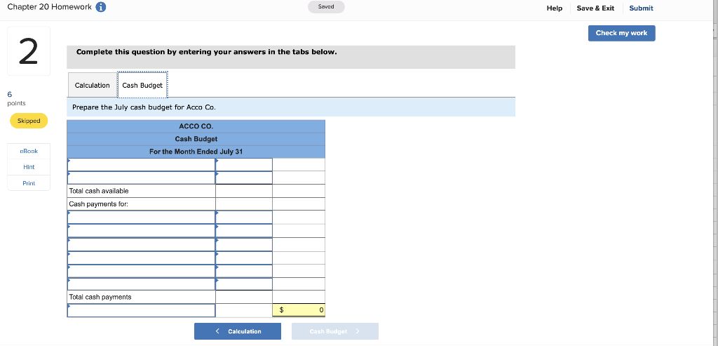 2 Exercise 20-25A Merchandising: Preparing a cash budget LO P4 6 points