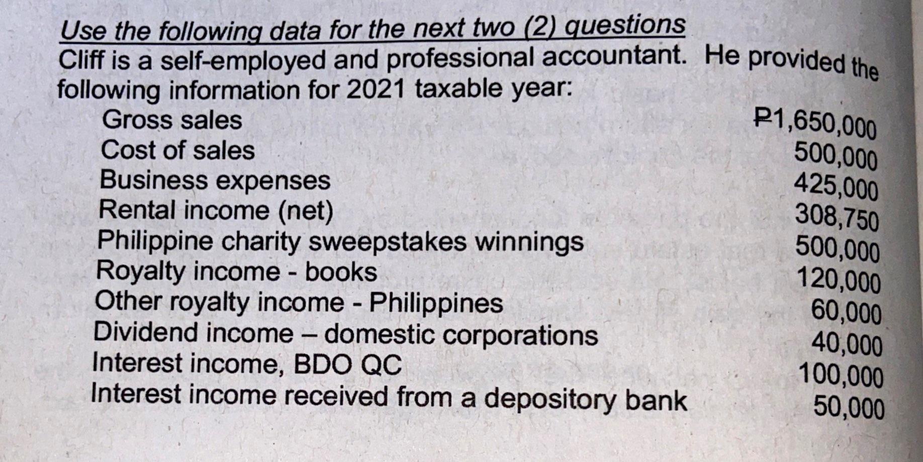 PLEASE SHOW COMPLETE SOLUTIONS Use the following data for the next two