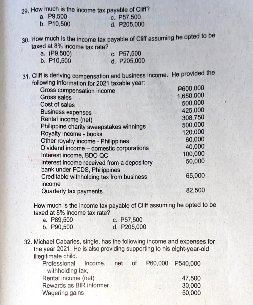 (2) questions Cliff is a self-employed and professional accountant. He provided the