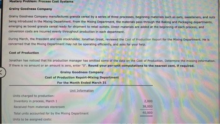please help quick! Mastery Problem: Process Cost Systems Grainy Goodness Company Grainy