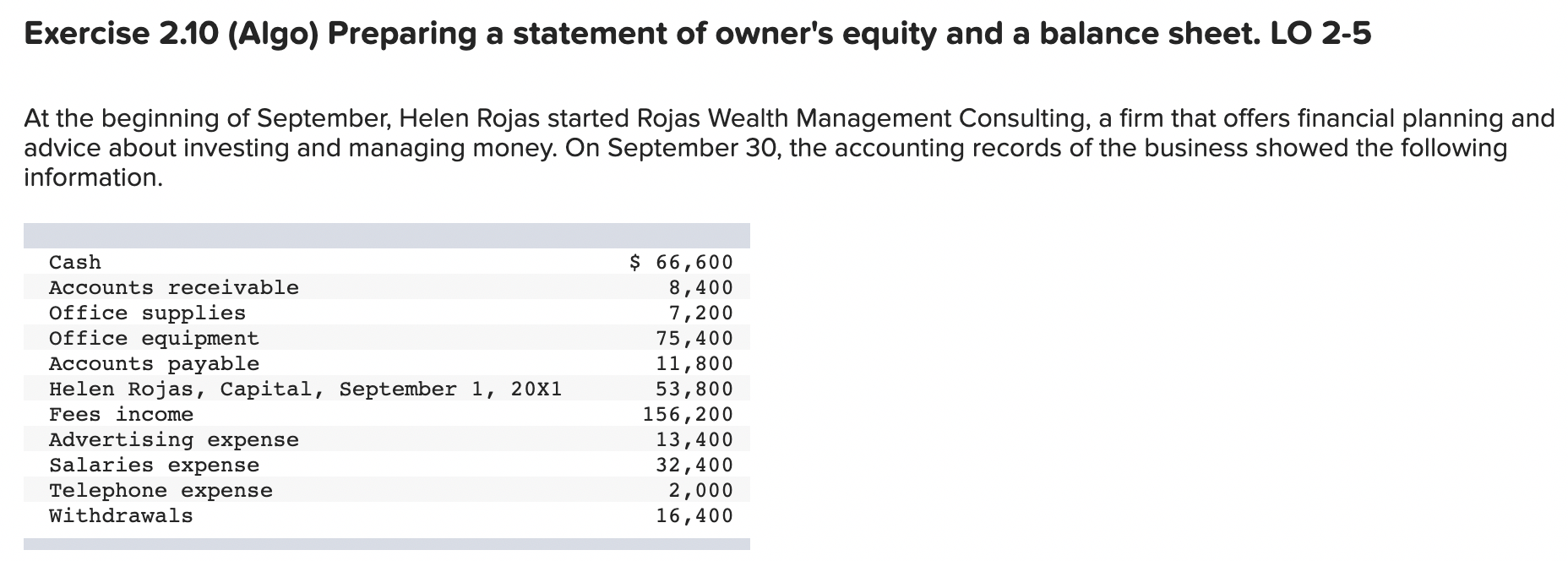  Hello please help Exercise 2.10 (Algo) Preparing a statement of owner's
