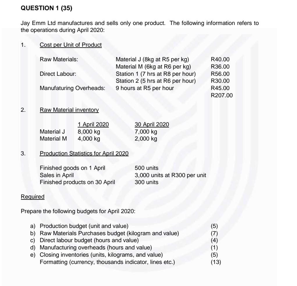 Answer using excel showing workings QUESTION 1 (35) Jay Emm Ltd