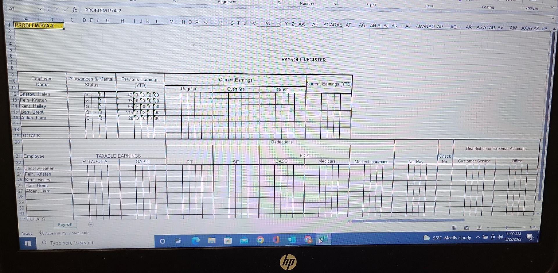  7a-2 A1 A B 1 PROBLEM PTA-2 Employee Name 11 12