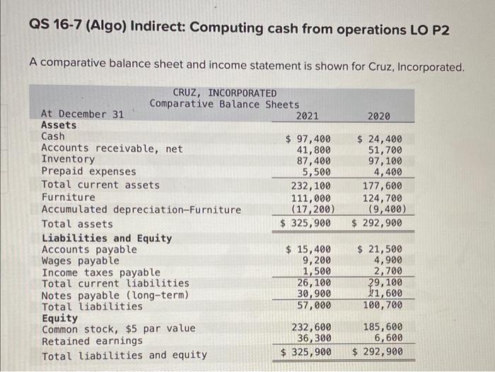  QS 16-7 (Algo) Indirect: Computing cash from operations LO P2 A