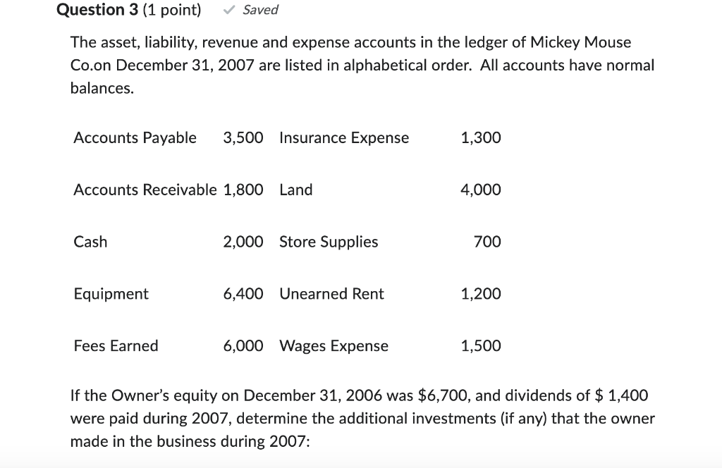  Please show work Question 3 (1 point) Saved The asset, liability,