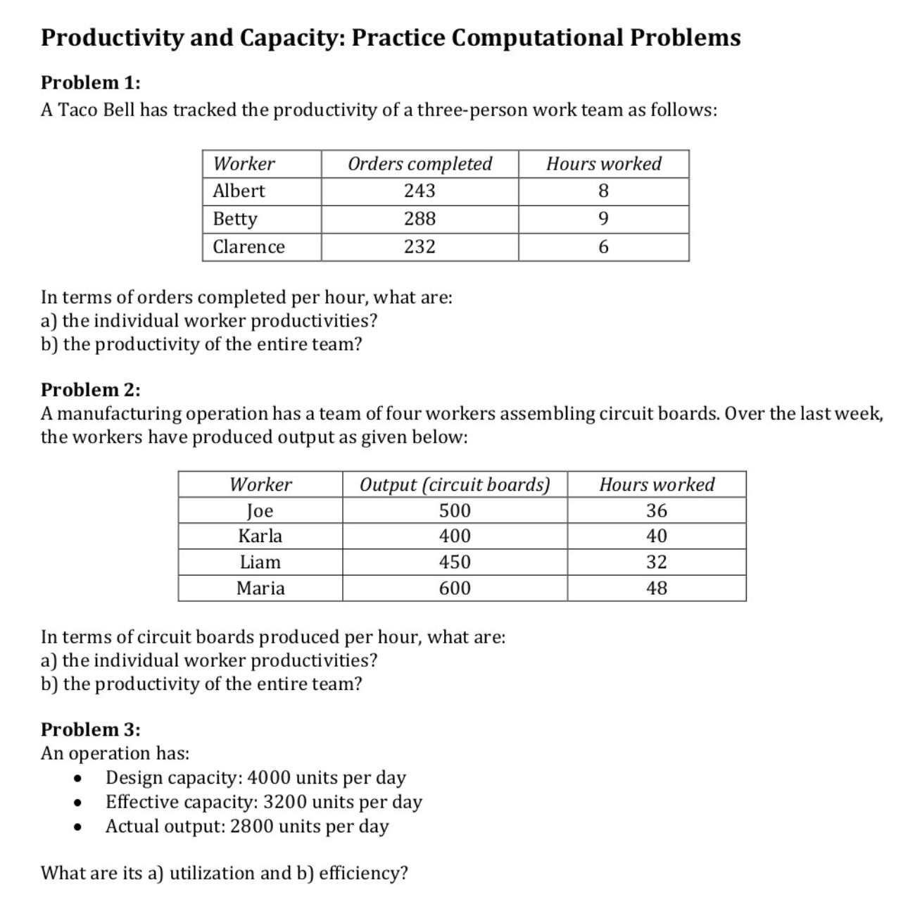  Productivity and Capacity: Practice Computational Problems Problem 1: A Taco Bell