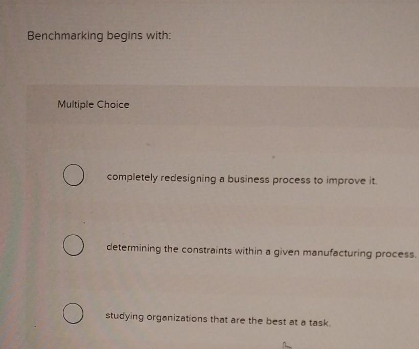Benchmarking begins with: Multiple Choice completely redesigning a business process to