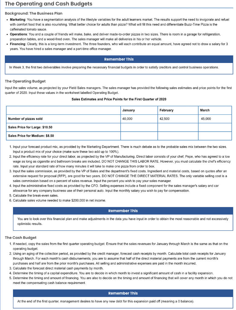 Week 3 Project The Operating and Cash Budgets Background: The Business Plan