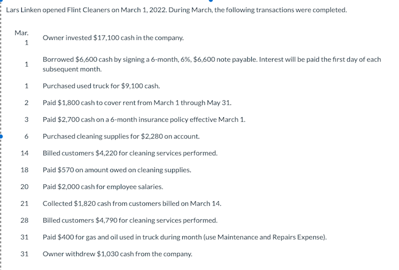  help me prepare the trial balance Lars Linken opened Flint Cleaners